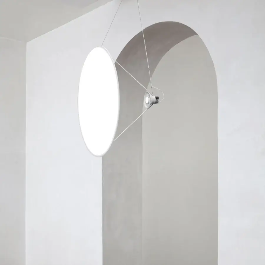 Superior Luceplan Amisol suspension lamp crafted in light grey aluminum with a translucent white polycarbonate disk for diffused illumination