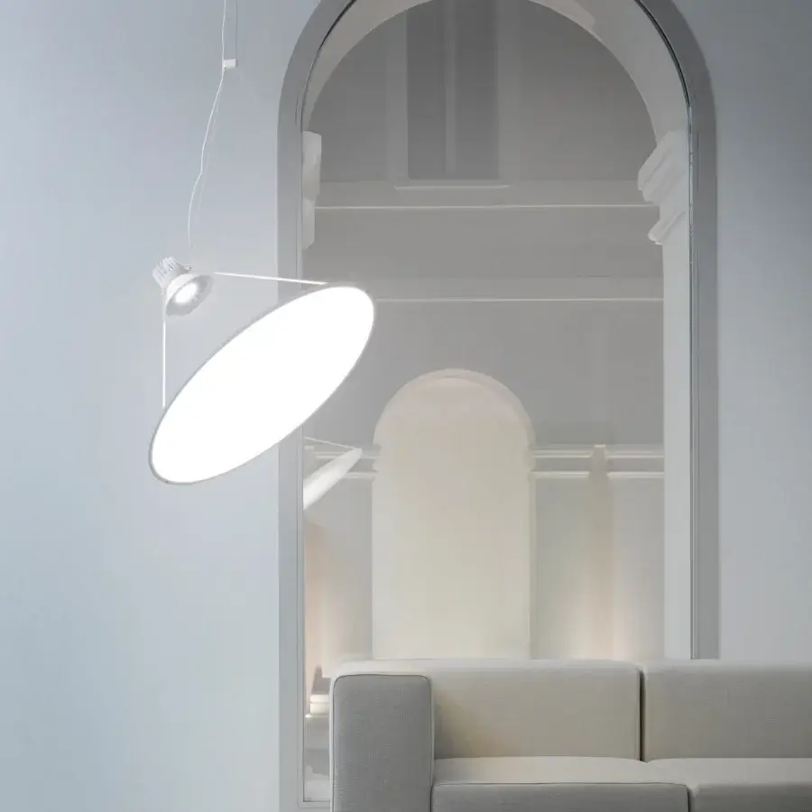 Elegant Luceplan Amisol suspension lamp built with a light grey aluminum frame and refined polycarbonate disk
