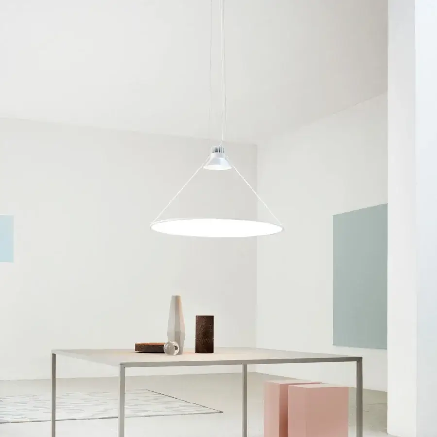 Distinguished Luceplan Amisol suspension lamp crafted in light grey aluminum with a refined polycarbonate diffuser and matte white finish