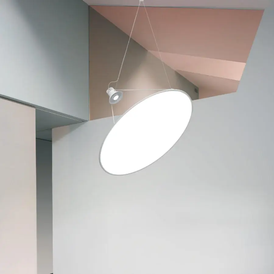 Innovative Luceplan Amisol suspension lamp built in light grey aluminum with a refined polycarbonate disk projecting diffused white glow