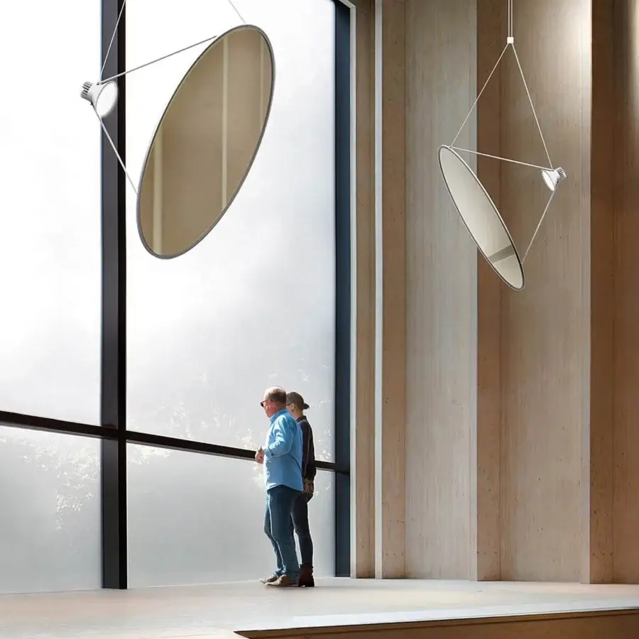 Superior Luceplan Amisol suspension lamp with a metallized mirror membrane stretched across light grey aluminum frame