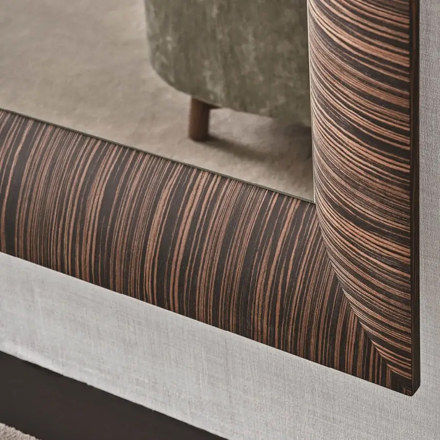 Elegant Porada Triple Mirror wall accent crafted in Canaletta walnut with a satin finish and subtle linen border