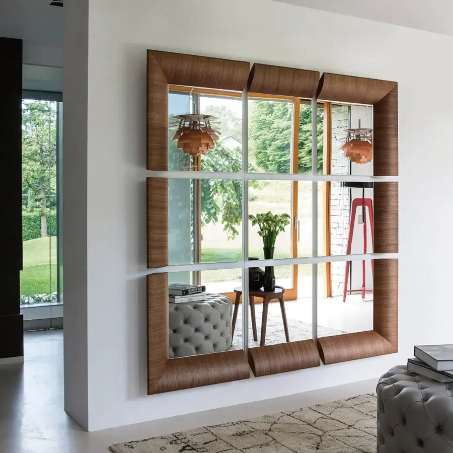 Exceptional Porada Triple Mirror wall accent crafted in Canaletta walnut with a satin finish