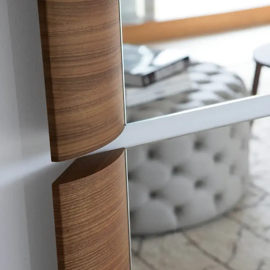 Superior Porada Triple Mirror wall accent crafted in Canaletta walnut with a satin veneer and polished metal framing