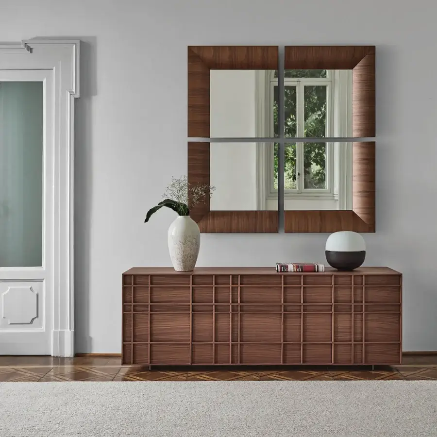 Elegant Porada Triple Mirror wall accent crafted in Canaletta walnut with a rounded satin finish