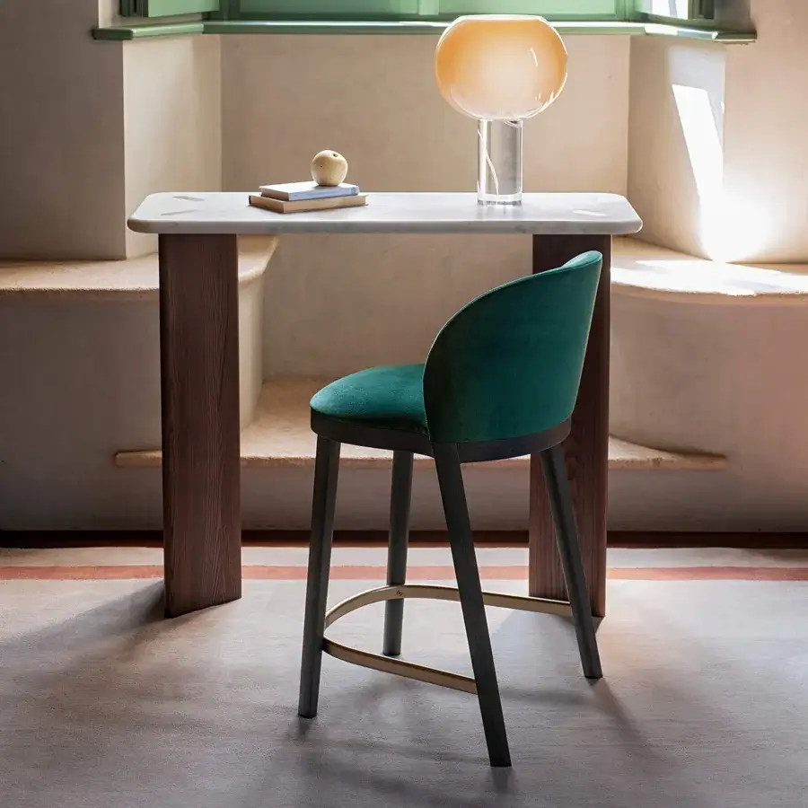 Exceptional Potocco Trousse stool built with solid ash wood, a satin finish, and deeply teal upholstery with a satin gold footrest