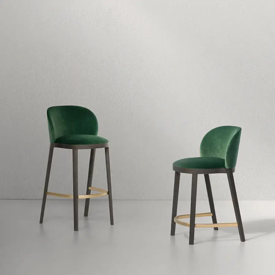 Superior Potocco Trousse stool crafted with solid ash, satin gold footrests and dark green textile upholstery