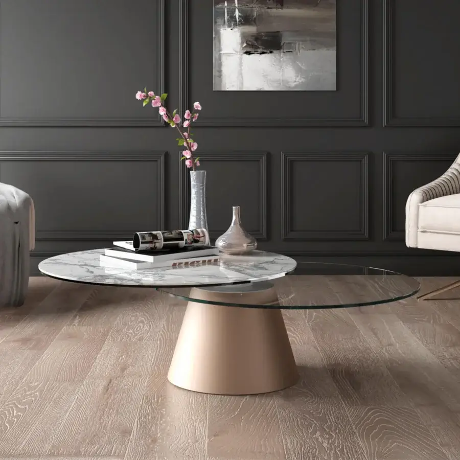 Distinguished Naos Girotondo coffee table with synchronized revolving tops in white and gray marble effect ceramic and rose-gold painted steel