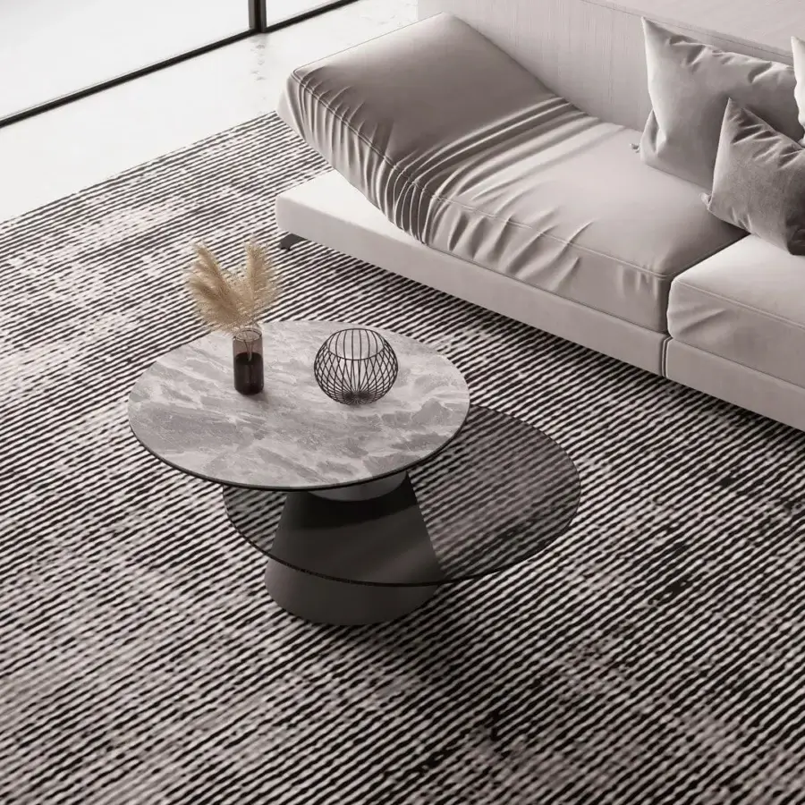 Elegant Naos Girotondo coffee table with synchronized revolving tops in ceramic and transparent glass with painted steel