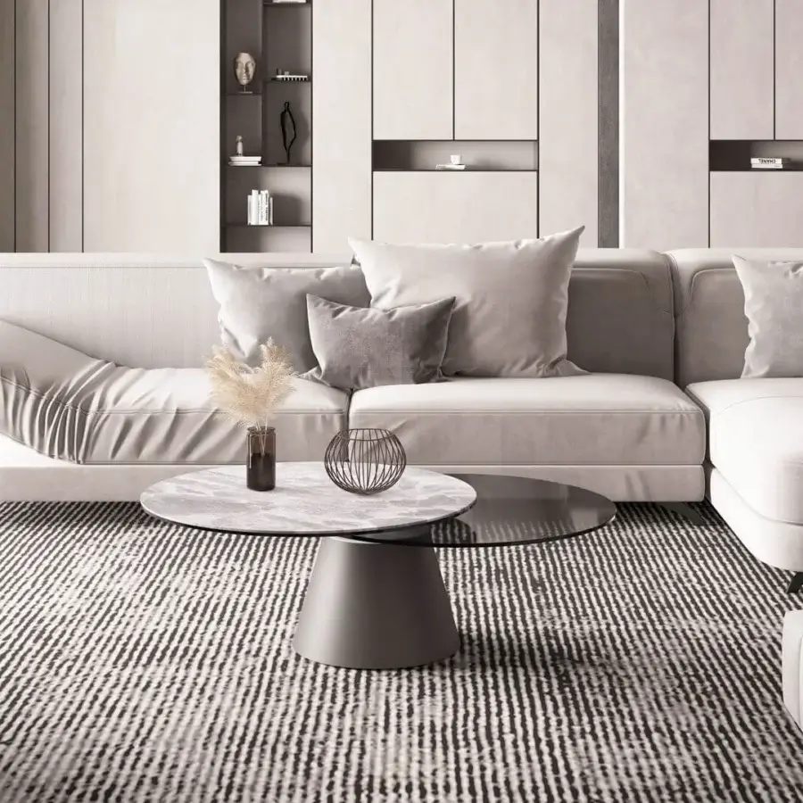 Captivating Naos Girotondo coffee table with synchronized revolving tops in transparent glass and ceramic, painted steel base with matte grey finish
