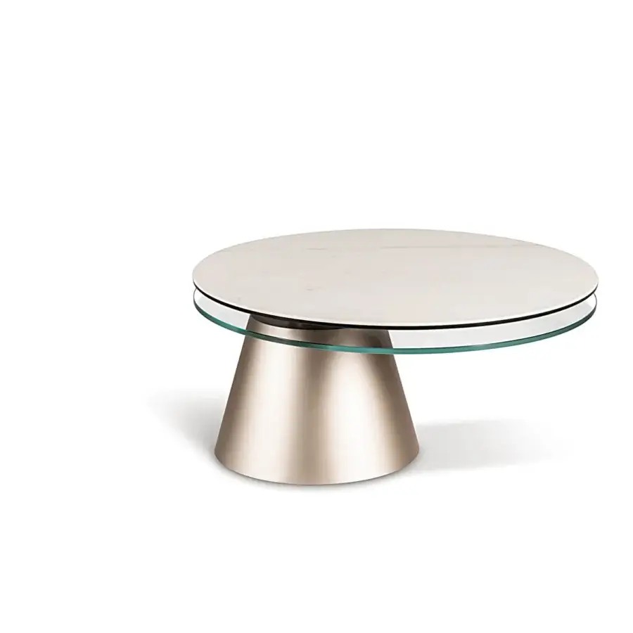 Superior Naos Girotondo coffee table with synchronized revolving tops in white marble effect ceramic and clear glass with satin golden-toned steel base