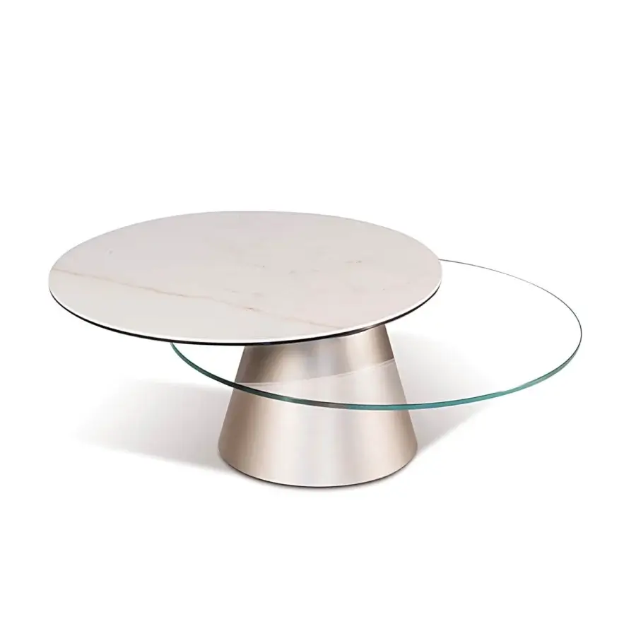Distinguished Naos Girotondo coffee table with synchronized revolving round tops in white marble-like ceramic and painted steel base