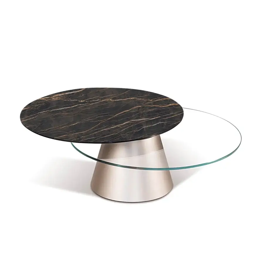 Elegant Naos Girotondo coffee table with synchronized revolving tops in dark ceramic and glass with a satin finish steel base