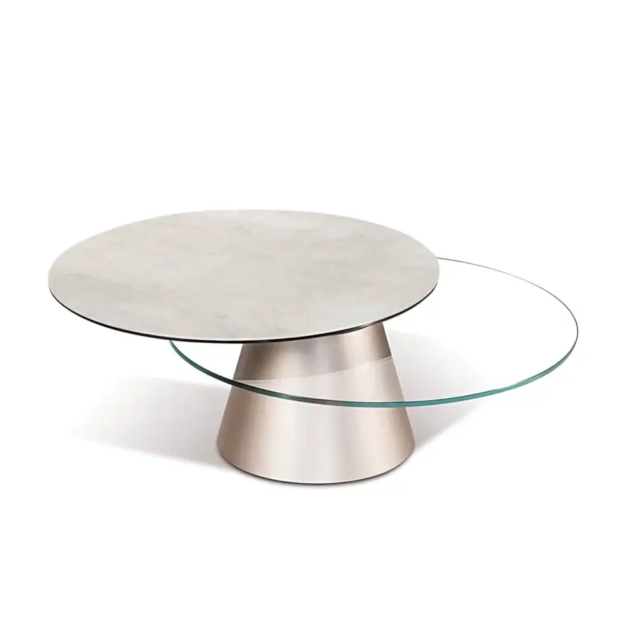 Architectural Naos Girotondo coffee table with synchronized revolving tops in light gray ceramic and clear glass with a satin painted steel base