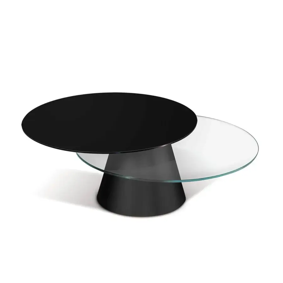 Exclusive Naos Girotondo coffee table with dual-level asymmetrical circular form in ceramic and clear glass with satin painted steel base