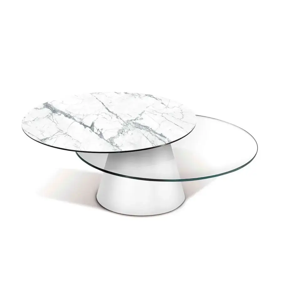 Distinguished Naos Girotondo coffee table with synchronized revolving round tops in white marble patterned ceramic and clear glass with matte white steel base