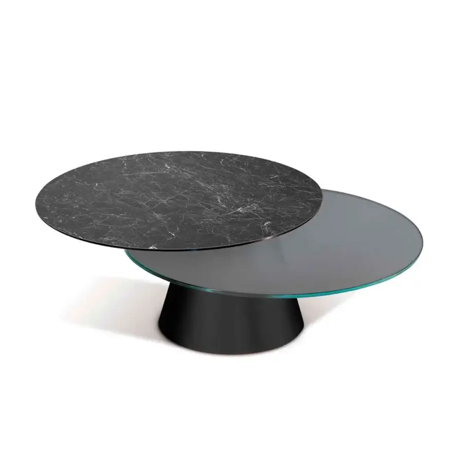 Captivating Naos Girotondo coffee table with dual circular tiers in polished ceramic and transparent glass with matte black steel base