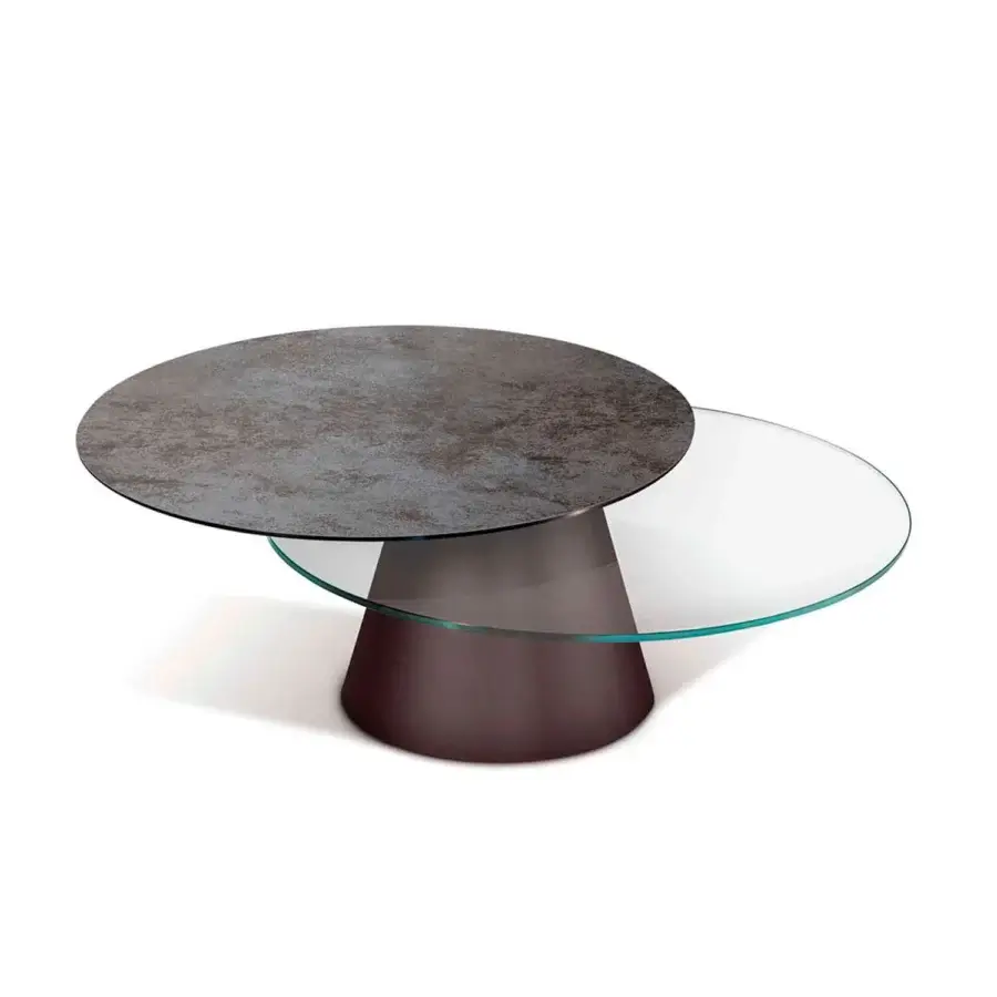 Superior Naos Girotondo coffee table with synchronized revolving tops in dark grey ceramic and clear glass, built with a satin burgundy conical base