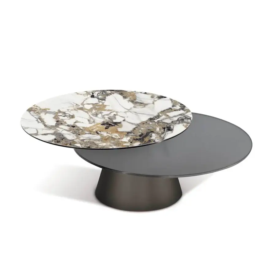 Exclusive Naos Girotondo coffee table with synchronized revolving tops in white ceramic and dark glass with matte gray painted steel base