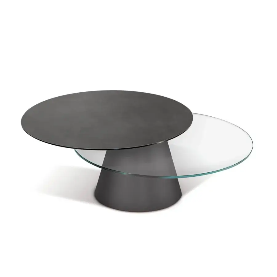 Distinguished Naos Girotondo coffee table with synchronized revolving round tops in clear glass and ceramic with a matte charcoal finish