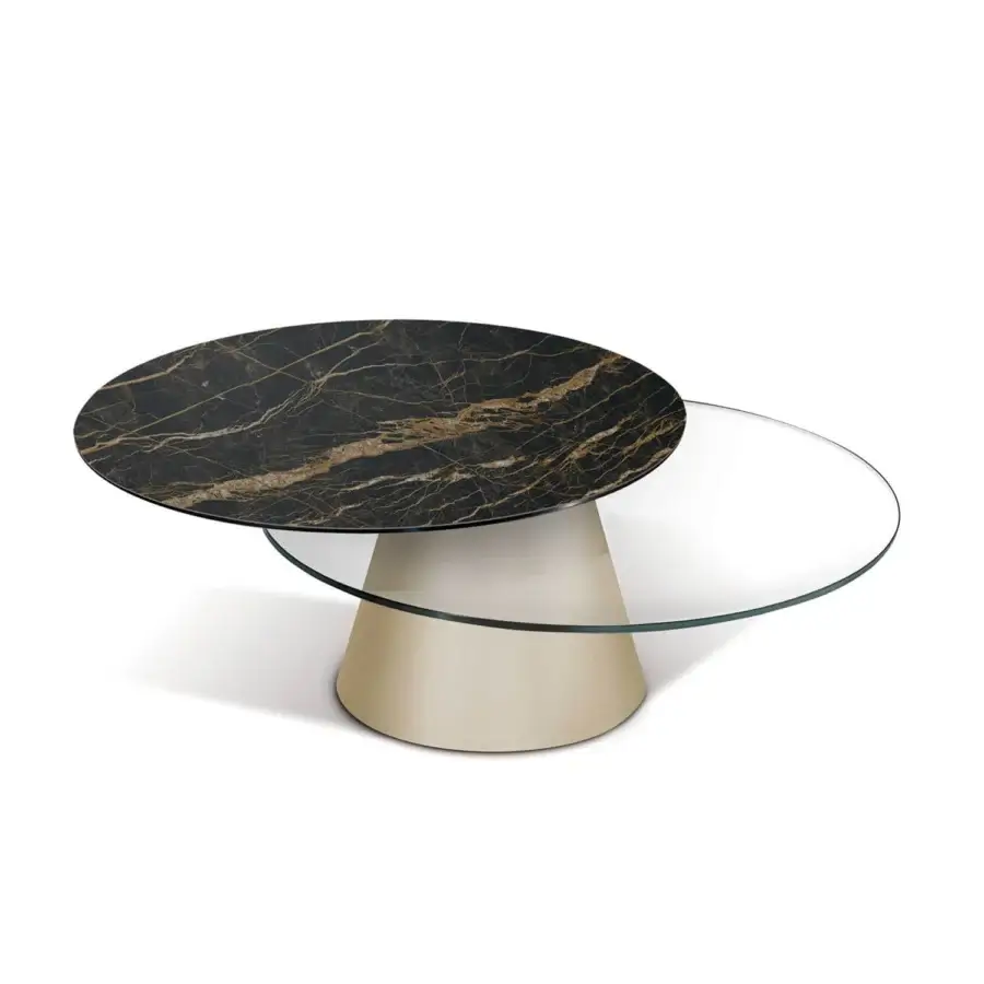 Superior Naos Girotondo coffee table with synchronized revolving tops in black and gold veined ceramic and light beige painted steel