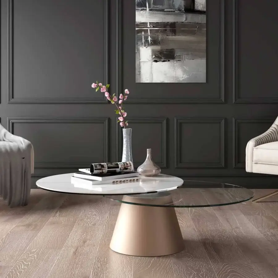 Elegant Naos Girotondo coffee table with synchronized revolving tops in transparent glass and ceramic, finished in rose gold tone