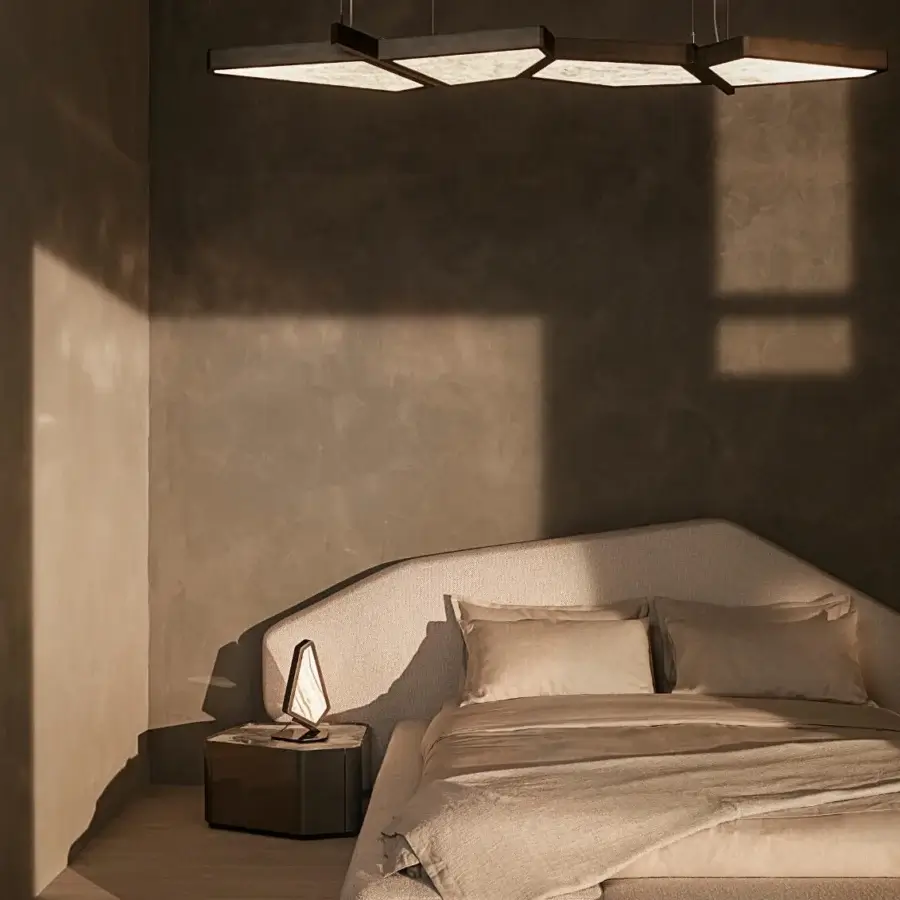 Sophisticated Visionnaire Astralis suspension lamp with interconnected polygonal modules crafted in striated satin metal and onyx diffusers