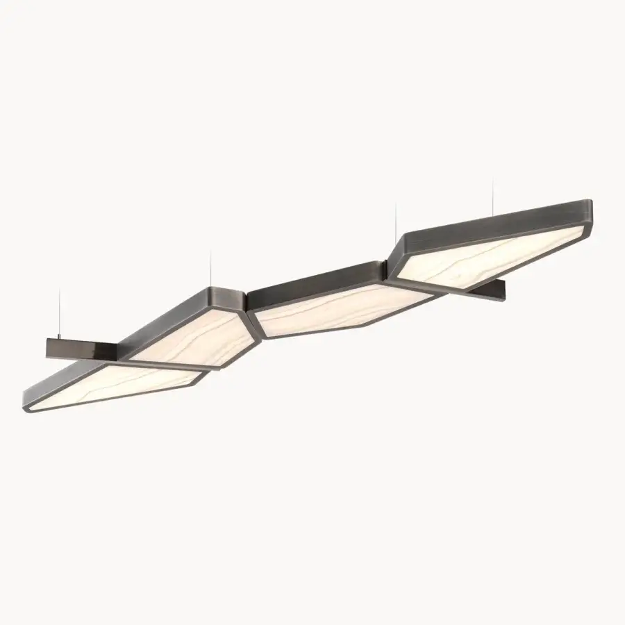 Distinguished Visionnaire Astralis suspension lamp with interconnected polygonal modules crafted in striated satin metal and onyx diffusers