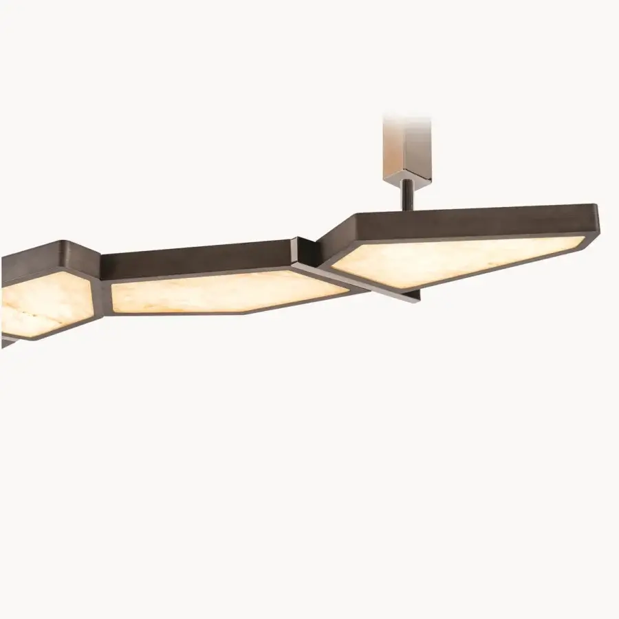 Exclusive Visionnaire Astralis suspension lamp with interconnected polygonal modules crafted in metal with a striated satin finish and onyx diffusers