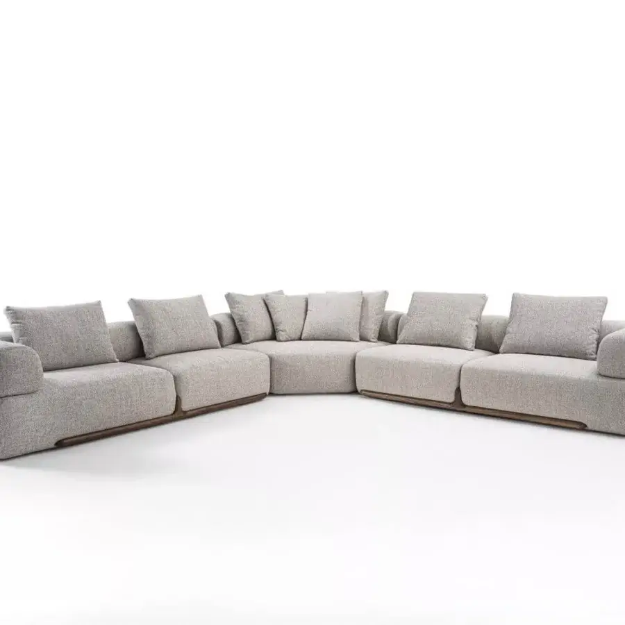 Distinguished Porada Klem sectional with light gray textured fabric upholstery and satin canaletto walnut framing