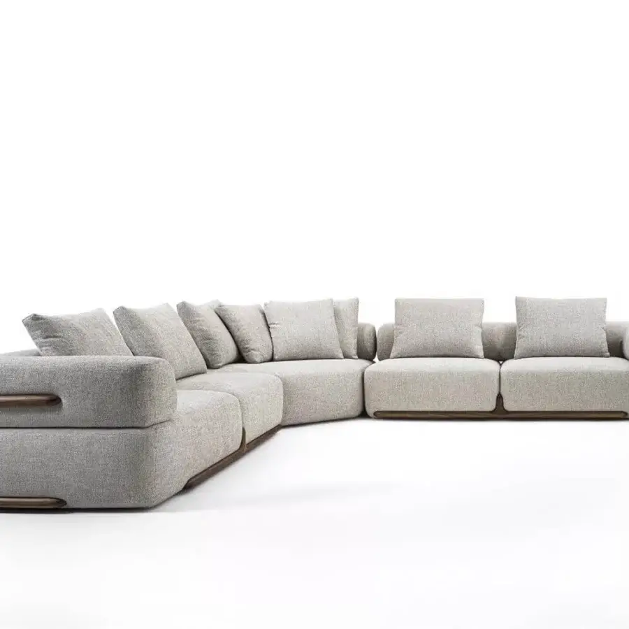 Superior Porada Klem sectional built with canaletto walnut framing and neutral gray textured upholstery