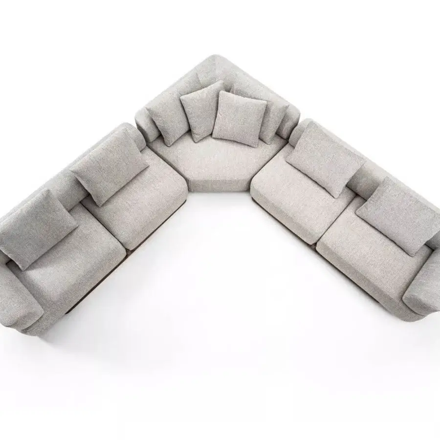 Distinguished Porada Klem sectional with solid canaletto walnut base and light gray textured fabric upholstery