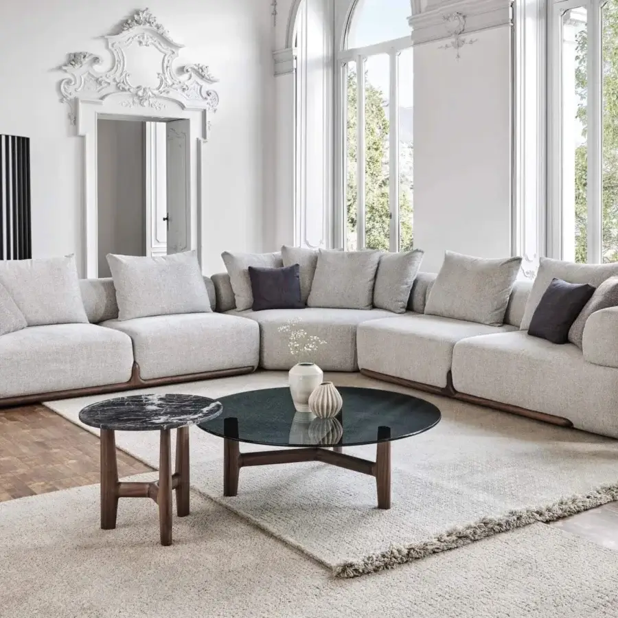 Exceptional Porada Klem sectional crafted with canaletto walnut and light neutral gray textile upholstery with satin finish