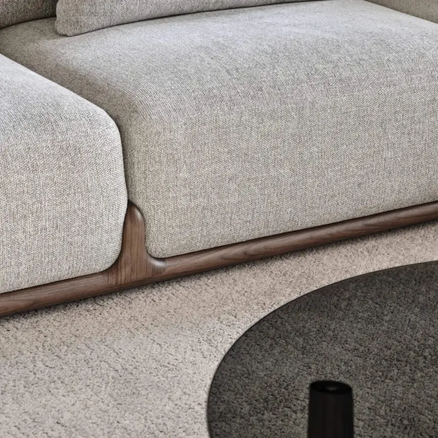 Distinguished Porada Klem sectional with canaletto walnut base and neutral beige textured fabric upholstery