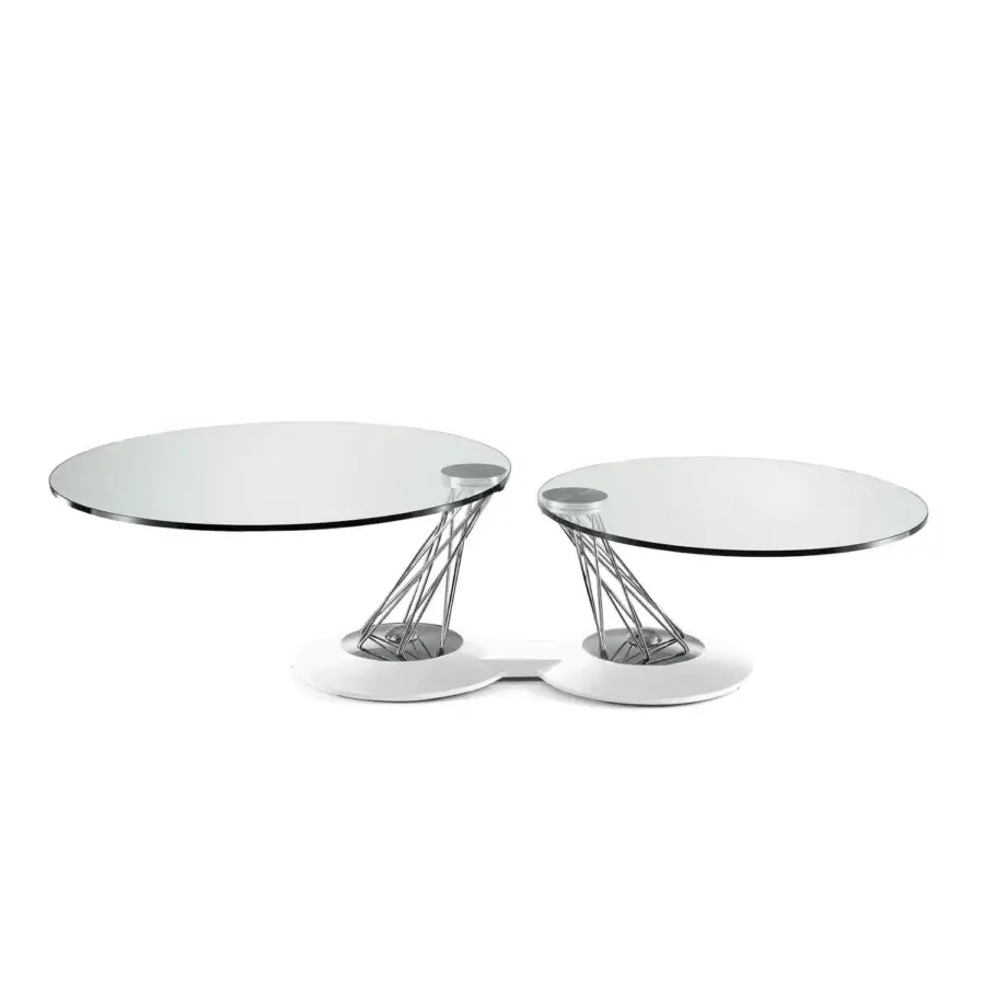 Exceptional Naos Gemelli coffee table with revolving glass tops and bright white painted steel base