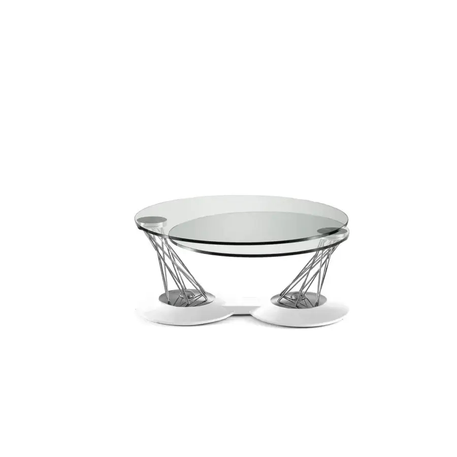 Superior Naos Gemelli coffee table with revolving round glass tops and sculptural silvery synthetic painted steel base