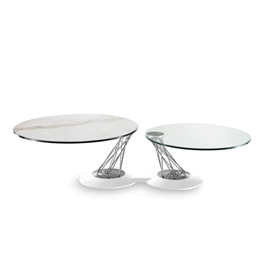 Elegant Naos Gemelli coffee table with revolving round glass tops and a synthetic painted steel base