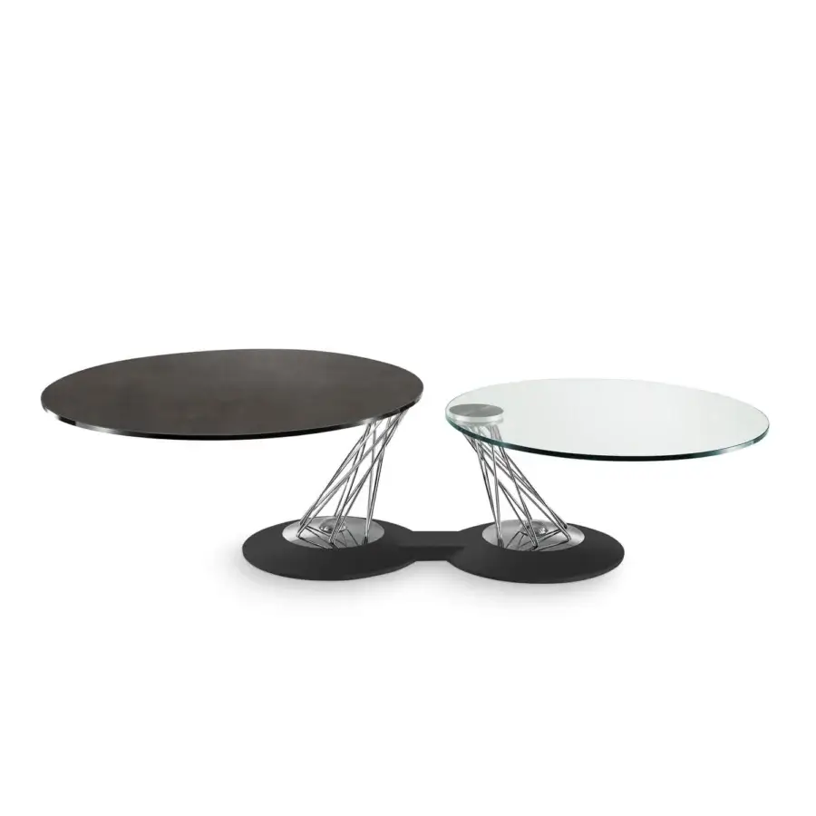 Distinguished Naos Gemelli coffee table with revolving round glass tops and a sculptural galvanized steel base crafted with a synthetic painted finish