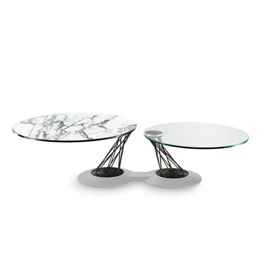 Exceptional Naos Gemelli coffee table with revolving glass tops—clear and marbled gray—built with a synthetic painted steel base