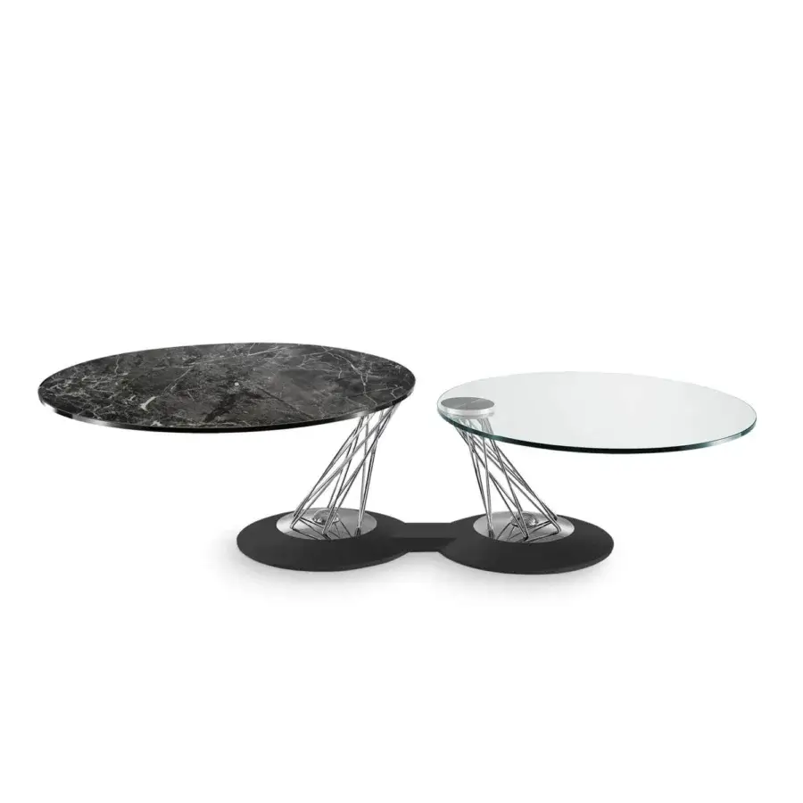 Superior Naos Gemelli coffee table with revolving round tops in dark marbled material and clear glass, built with a sculptural steel base and synthetic painted finish