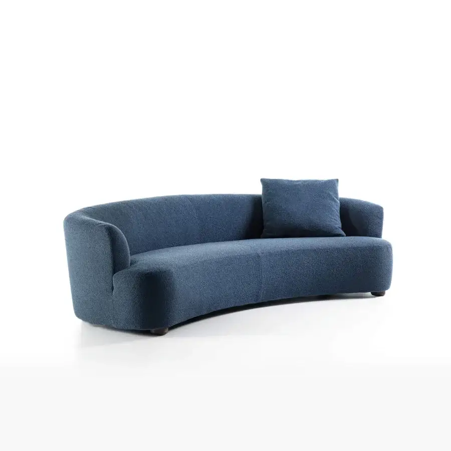 Distinguished Porada Yves sofa upholstered in textured muted blue fabric with a solid Canaletta walnut base crafted in Italy
