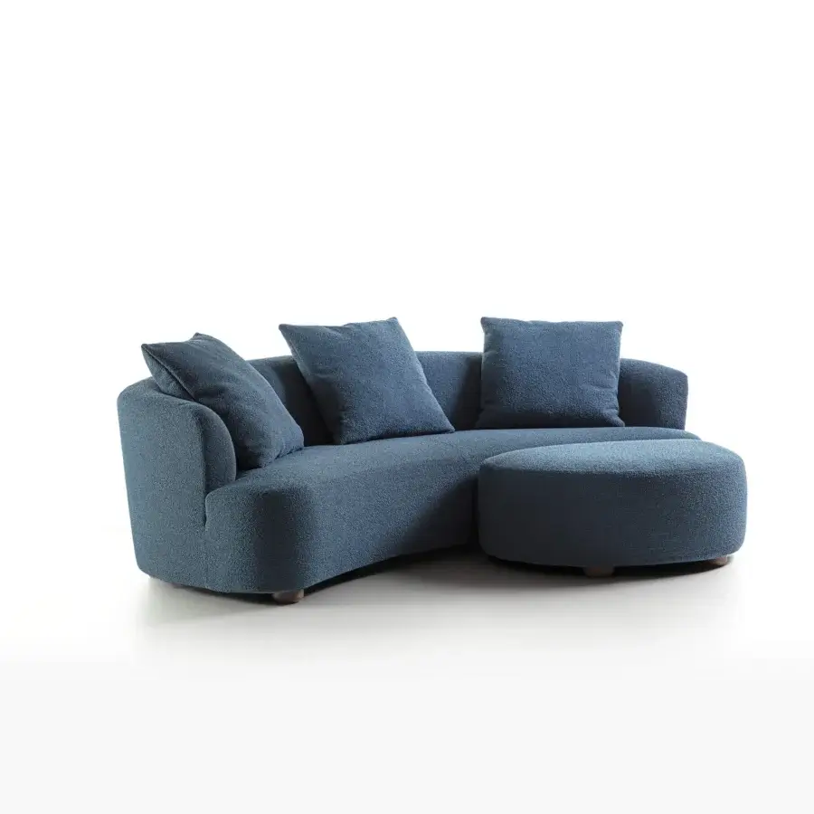 Exceptional Porada Yves sofa upholstered in deep blue textured textile with a solid Canaletta walnut base