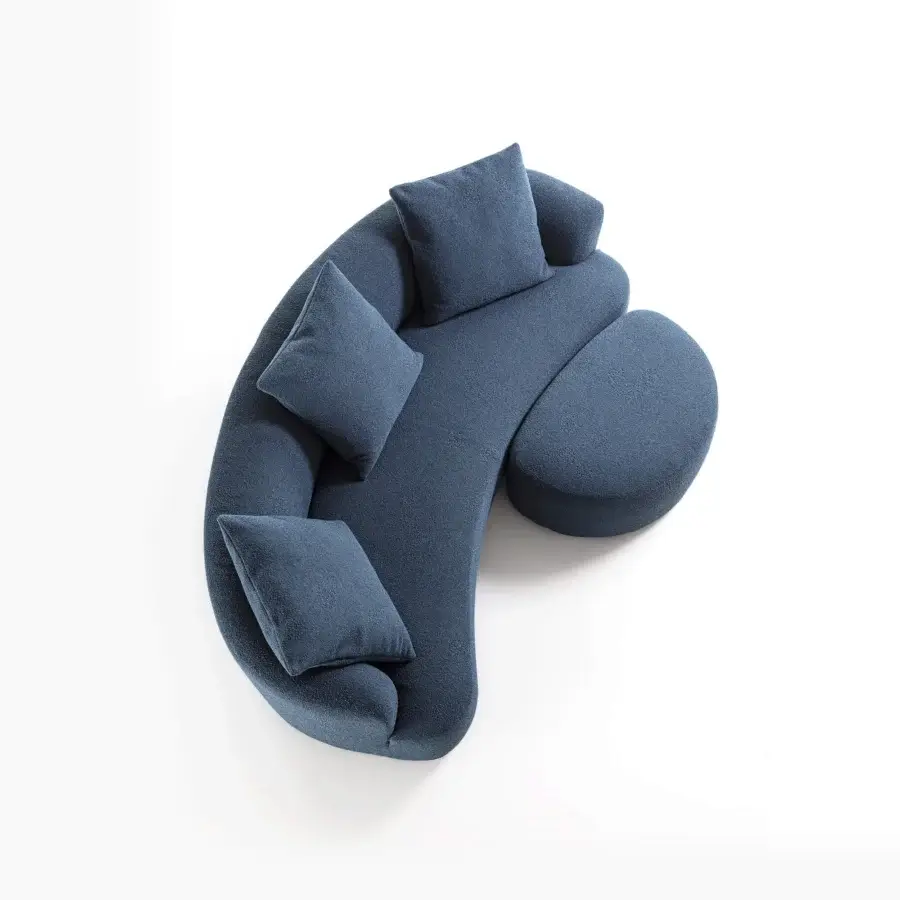 Elegant Porada Yves sofa upholstered in deep navy textured fabric with solid Canaletta walnut feet