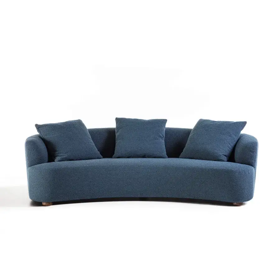 Distinguished Porada Yves sofa upholstered in deep blue textured fabric with solid Canaletta walnut legs