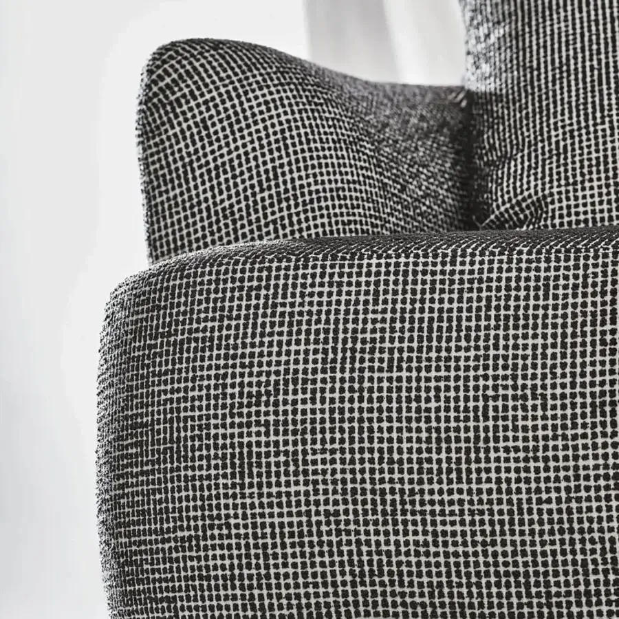 Exceptional Porada Yves sofa upholstered in textured grayscale fabric with solid Canaletta walnut feet and matte finish