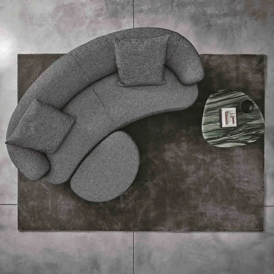 Exceptional Porada Yves sofa upholstered in textured muted gray fabric with solid Canaletta walnut feet