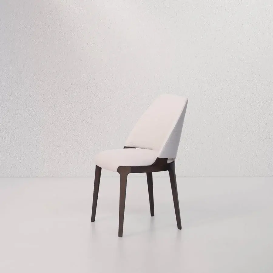 Distinguished Potocco Velis Hug chair crafted in Italy with a wood frame and satin finish, upholstered in textured neutral cream textile