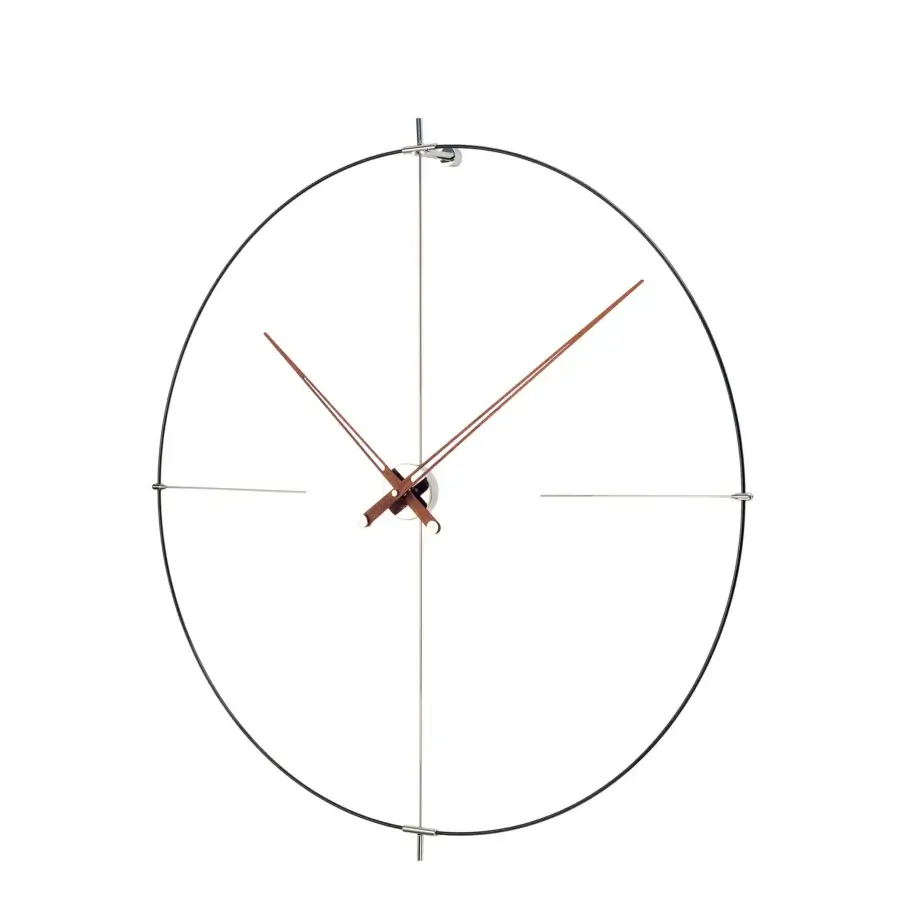 Exceptional Nomon Bilbao wall clock with a sleek fiberglass ring and warm walnut hands in a dark metal frame
