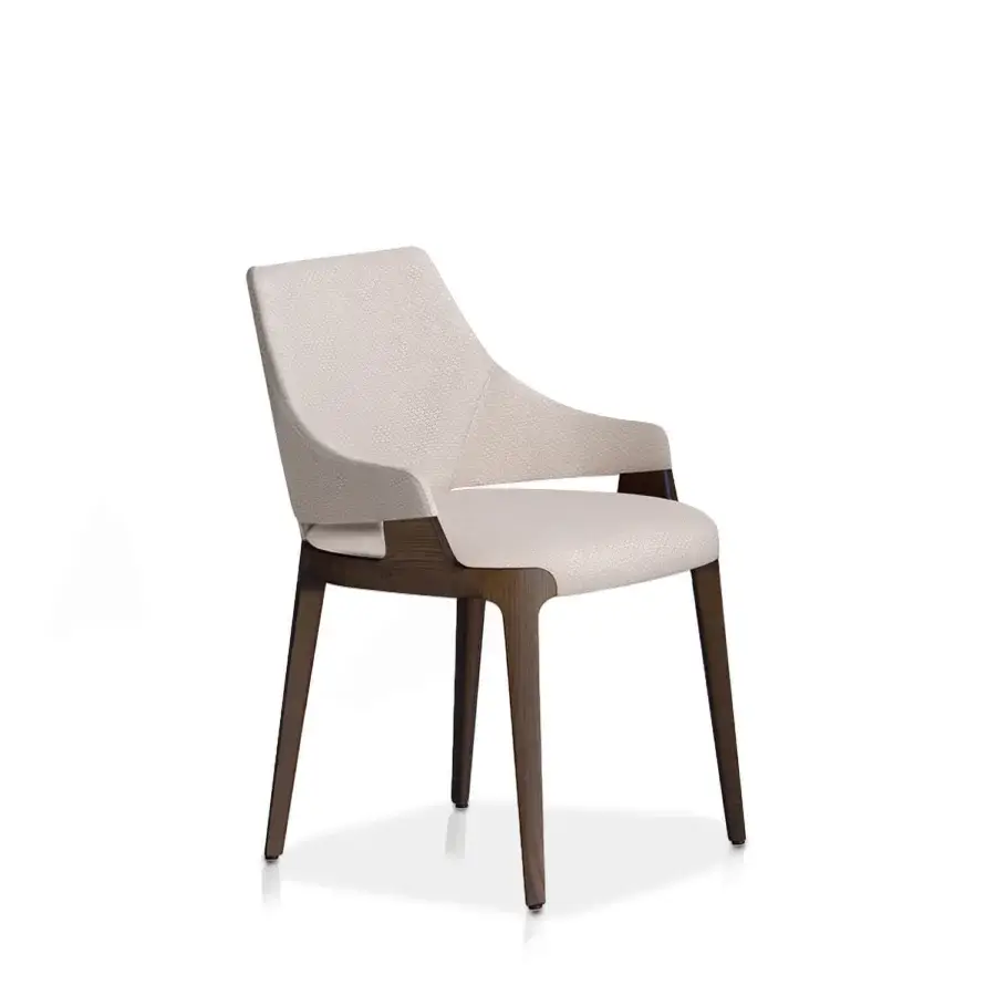 Exceptional Potocco Velis Hug armchair crafted with wood and fully upholstered in light beige textured textile with satin finish