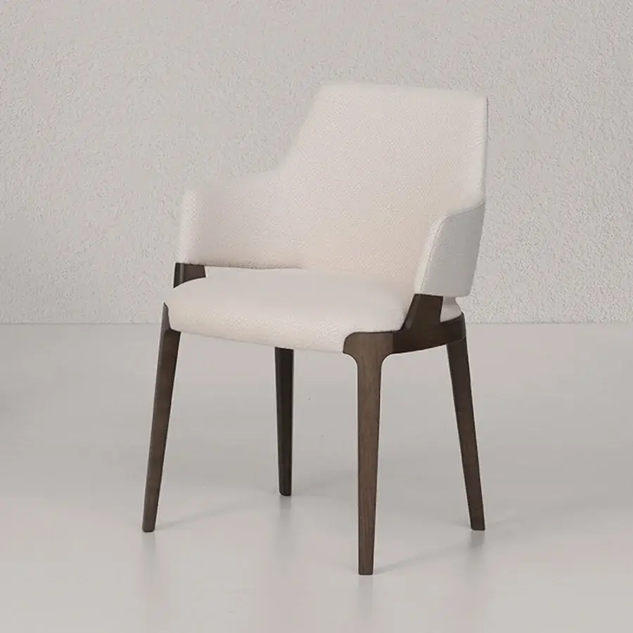 Exceptional Potocco Velis Hug armchair crafted in Italy with light beige textured textile and satin-finish wood frame